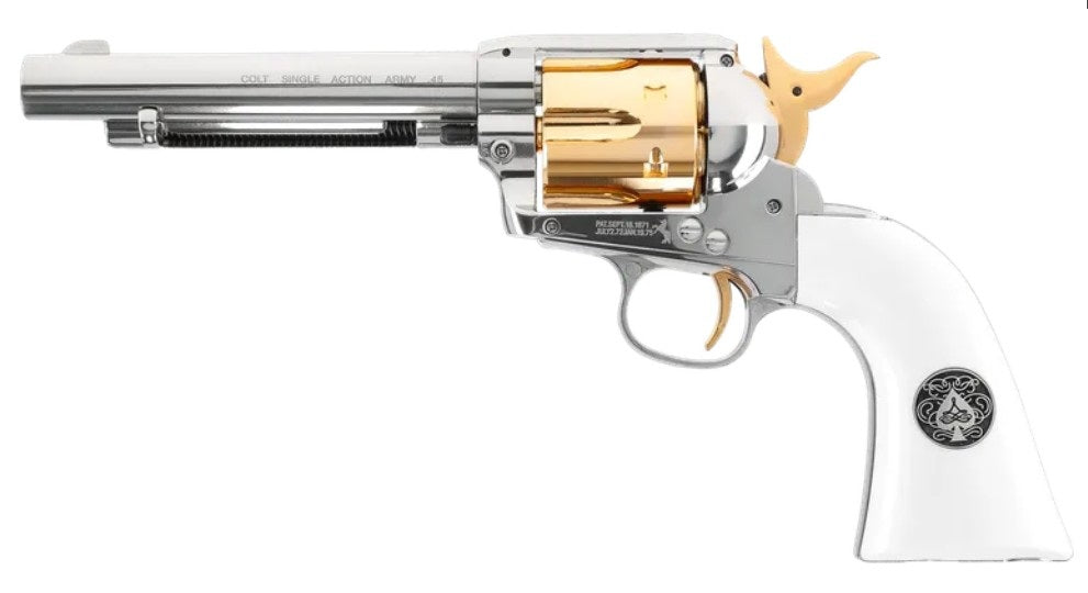 Colt SAA .45 - 5.5" Smoke Wagon 4,5 mm (.177) Diabolo, CO₂, < 3,0 J, Polished Chrome-Finish/Gold